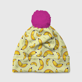 Шапка 3D c помпоном с принтом Банановый Бум в Белгороде, 100% полиэстер | универсальный размер, печать по всей поверхности изделия | Тематика изображения на принте: банан | банановый | бананы | паттерн | прикол | фрукты
