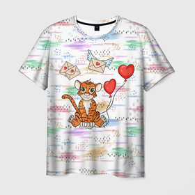 Мужская футболка 3D с принтом Милый влюбленный тигренок 2022 в Екатеринбурге, 100% полиэфир | прямой крой, круглый вырез горловины, длина до линии бедер | 2022 | год тигра | новый год | новый год 2022 | символ года | тигр | тигренок | тигрица | тигры