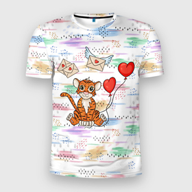 Мужская футболка 3D спортивная с принтом Милый влюбленный тигренок 2022 в Новосибирске, 100% полиэстер с улучшенными характеристиками | приталенный силуэт, круглая горловина, широкие плечи, сужается к линии бедра | 2022 | год тигра | новый год | новый год 2022 | символ года | тигр | тигренок | тигрица | тигры