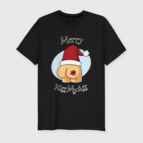 Мужская футболка хлопок Slim с принтом Merry KissMAss в Санкт-Петербурге, 92% хлопок, 8% лайкра | приталенный силуэт, круглый вырез ворота, длина до линии бедра, короткий рукав | 2022 | christmas | new year | анти новый год | новый год | новый год 2022 | рождество