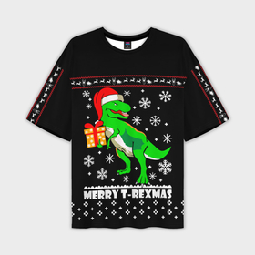 Мужская футболка OVERSIZE 3D с принтом Санта Юрского Периода ,  |  | christmas | dinosaur | merry t rexmas | new year | t rex | trex | динозавр | динозавр в шапочке | динозавр ти рекс | санта юрского периода | т рекс | тирекс | хищник