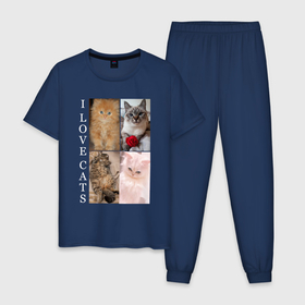 Мужская пижама хлопок с принтом I LOVE CATS Я ЛЮБЛЮ КОШЕК в Тюмени, 100% хлопок | брюки и футболка прямого кроя, без карманов, на брюках мягкая резинка на поясе и по низу штанин
 | animal | cat | love | meow | домашние | животные | звери | киса | коты | котэ | кошки | любовь | мяу | пушистый