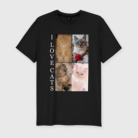 Мужская футболка хлопок Slim с принтом I LOVE CATS Я ЛЮБЛЮ КОШЕК , 92% хлопок, 8% лайкра | приталенный силуэт, круглый вырез ворота, длина до линии бедра, короткий рукав | animal | cat | love | meow | домашние | животные | звери | киса | коты | котэ | кошки | любовь | мяу | пушистый