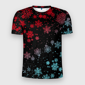 Мужская футболка 3D Slim с принтом НЕОНОВЫЕ СНЕЖИНКИ, НОВЫЙ ГОД 2022 в Петрозаводске, 100% полиэстер с улучшенными характеристиками | приталенный силуэт, круглая горловина, широкие плечи, сужается к линии бедра | Тематика изображения на принте: 2022 | beast | merry christmas | new year | red bow | santa hat | snow | tiger | winter | winter is coming | year of the tiger | год тигра | дед мороз | животные | звери | зверь | зима | зима 2022 | зима близко | новог | новогодни