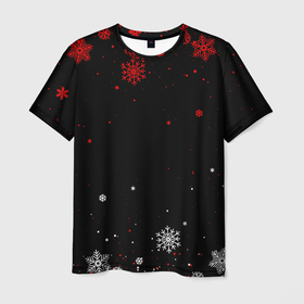 Мужская футболка 3D с принтом КРАСНО БЕЛЫЕ СНЕЖИНКИ НА ЧЁРНОМ ФОНЕ в Белгороде, 100% полиэфир | прямой крой, круглый вырез горловины, длина до линии бедер | 2022 | beast | merry christmas | new year | red bow | santa hat | snow | tiger | winter | winter is coming | year of the tiger | год тигра | дед мороз | животные | звери | зверь | зима | зима 2022 | зима близко | новог | новогодни