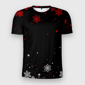 Мужская футболка 3D Slim с принтом КРАСНО БЕЛЫЕ СНЕЖИНКИ НА ЧЁРНОМ ФОНЕ , 100% полиэстер с улучшенными характеристиками | приталенный силуэт, круглая горловина, широкие плечи, сужается к линии бедра | Тематика изображения на принте: 2022 | beast | merry christmas | new year | red bow | santa hat | snow | tiger | winter | winter is coming | year of the tiger | год тигра | дед мороз | животные | звери | зверь | зима | зима 2022 | зима близко | новог | новогодни