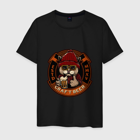 Мужская футболка хлопок с принтом Пивокот в Курске, 100% хлопок | прямой крой, круглый вырез горловины, длина до линии бедер, слегка спущенное плечо. | beer | cat | craft | кот | кот в очках | кот в шапке