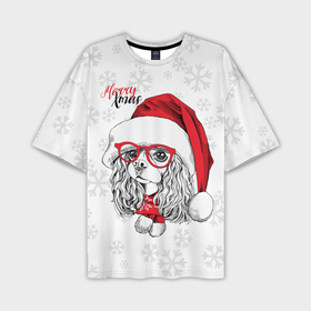 Мужская футболка OVERSIZE 3D с принтом Happy Christmas: кокер спаниель ,  |  | american | cap | christmas | cocker spaniel | happy christmas | knitted scarf | new year | purebred dog | red | santa claus | snowflakes | американский | вязаный шарф | кокер спаниель | колпак | красные | новый год | очки | породистая собака | р