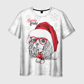 Мужская футболка 3D с принтом Happy Christmas кокер спаниель в Белгороде, 100% полиэфир | прямой крой, круглый вырез горловины, длина до линии бедер | american | cap | christmas | cocker spaniel | happy christmas | knitted scarf | new year | purebred dog | red | santa claus | snowflakes | американский | вязаный шарф | кокер спаниель | колпак | красные | новый год | очки | породистая собака | р