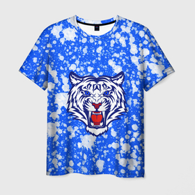 Мужская футболка 3D с принтом БЕЛЫЙ ТИГР_2022 в Курске, 100% полиэфир | прямой крой, круглый вырез горловины, длина до линии бедер | Тематика изображения на принте: 2022 | белый тигр | большие кошки | год тигра | кляксы | новогодний | символ года | тигр | хищник