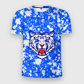 Мужская футболка 3D спортивная с принтом БЕЛЫЙ ТИГР_2022 в Новосибирске, 100% полиэстер с улучшенными характеристиками | приталенный силуэт, круглая горловина, широкие плечи, сужается к линии бедра | 2022 | белый тигр | большие кошки | год тигра | кляксы | новогодний | символ года | тигр | хищник