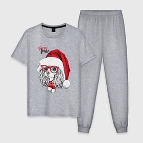 Мужская пижама хлопок с принтом Happy Christmas американский кокер спаниель в Белгороде, 100% хлопок | брюки и футболка прямого кроя, без карманов, на брюках мягкая резинка на поясе и по низу штанин
 | Тематика изображения на принте: american | cap | christmas | cocker spaniel | happy christmas | knitted scarf | new year | purebred dog | red | santa claus | snowflakes | американский | вязаный шарф | кокер спаниель | колпак | красные | новый год | очки | породистая собака | р