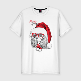Мужская футболка хлопок Slim с принтом Happy Christmas американский кокер спаниель в Белгороде, 92% хлопок, 8% лайкра | приталенный силуэт, круглый вырез ворота, длина до линии бедра, короткий рукав | american | cap | christmas | cocker spaniel | happy christmas | knitted scarf | new year | purebred dog | red | santa claus | snowflakes | американский | вязаный шарф | кокер спаниель | колпак | красные | новый год | очки | породистая собака | р