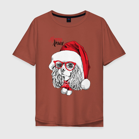 Мужская футболка хлопок Oversize с принтом Happy Christmas американский кокер спаниель , 100% хлопок | свободный крой, круглый ворот, “спинка” длиннее передней части | american | cap | christmas | cocker spaniel | happy christmas | knitted scarf | new year | purebred dog | red | santa claus | snowflakes | американский | вязаный шарф | кокер спаниель | колпак | красные | новый год | очки | породистая собака | р