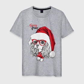 Мужская футболка хлопок с принтом Happy Christmas американский кокер спаниель в Новосибирске, 100% хлопок | прямой крой, круглый вырез горловины, длина до линии бедер, слегка спущенное плечо. | american | cap | christmas | cocker spaniel | happy christmas | knitted scarf | new year | purebred dog | red | santa claus | snowflakes | американский | вязаный шарф | кокер спаниель | колпак | красные | новый год | очки | породистая собака | р