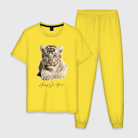 Мужская пижама хлопок с принтом Happy New Tiger Year в Тюмени, 100% хлопок | брюки и футболка прямого кроя, без карманов, на брюках мягкая резинка на поясе и по низу штанин
 | eyes | holiday | muzzle | new year | paws | tiger | глаза | лапы | мордочка | новый год | праздник | тигрёнок