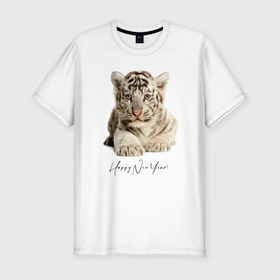 Мужская футболка хлопок Slim с принтом Happy New Tiger Year в Белгороде, 92% хлопок, 8% лайкра | приталенный силуэт, круглый вырез ворота, длина до линии бедра, короткий рукав | eyes | holiday | muzzle | new year | paws | tiger | глаза | лапы | мордочка | новый год | праздник | тигрёнок