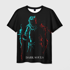 Мужская футболка 3D с принтом Dark Souls NEON Силуэт в Санкт-Петербурге, 100% полиэфир | прямой крой, круглый вырез горловины, длина до линии бедер | dark soul | demons souls | elden ring | elder | iii | praise of the sun | ring | soul like | дак | дарк соул | дарк соулс | душа | неон | нион | соулс | темные души