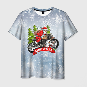 Мужская футболка 3D с принтом Санта Байкер   Santa on the motorbike в Тюмени, 100% полиэфир | прямой крой, круглый вырез горловины, длина до линии бедер | bike | christmas | moto | santa | байк | дед мороз | елка | зима | мотоцикл | новый год | подарок | рождество | санта | снег | снеговик | снежинка
