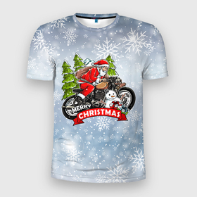 Мужская футболка 3D Slim с принтом Санта Байкер   Santa on the motorbike в Екатеринбурге, 100% полиэстер с улучшенными характеристиками | приталенный силуэт, круглая горловина, широкие плечи, сужается к линии бедра | bike | christmas | moto | santa | байк | дед мороз | елка | зима | мотоцикл | новый год | подарок | рождество | санта | снег | снеговик | снежинка