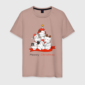 Мужская футболка хлопок с принтом Елочка из котят в Курске, 100% хлопок | прямой крой, круглый вырез горловины, длина до линии бедер, слегка спущенное плечо. | cat | kitty | meow | дед мороз | елка | звезда | зима | киса | кискис | кот | котенок | кошка | мяу | новый год | рождество | снег | снежинка