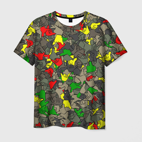 Мужская футболка 3D с принтом Раста-камуфляж в Санкт-Петербурге, 100% полиэфир | прямой крой, круглый вырез горловины, длина до линии бедер | shaka | жест | камуфляж | милитари | паттерн | раста | рука | шака | ямайка