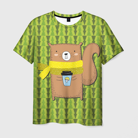 Мужская футболка 3D с принтом Бобер в шарфе и кружкой кофе в Новосибирске, 100% полиэфир | прямой крой, круглый вырез горловины, длина до линии бедер | бобер | животные | кофе | лес | паттерн | шарф