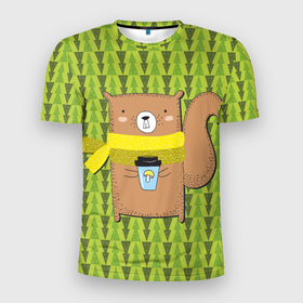 Мужская футболка 3D Slim с принтом Бобер в шарфе и кружкой кофе в Санкт-Петербурге, 100% полиэстер с улучшенными характеристиками | приталенный силуэт, круглая горловина, широкие плечи, сужается к линии бедра | бобер | животные | кофе | лес | паттерн | шарф