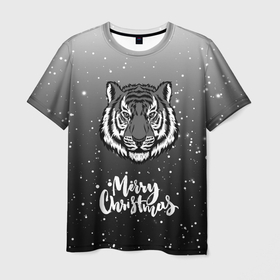 Мужская футболка 3D с принтом Merry Christmas Год Тигра 2022. в Новосибирске, 100% полиэфир | прямой крой, круглый вырез горловины, длина до линии бедер | 2022 | happy new year | merry christmas | год тигра | зима близко | нг | новогодний | новогодний тигр | новогодняя символика | новый год | новый год 2022 | рождество | символ 2022 года | снег | снежинки | тигр
