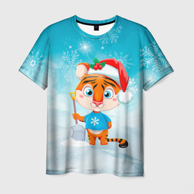 Мужская футболка 3D с принтом Год тигра 2022 Очищает снег. в Новосибирске, 100% полиэфир | прямой крой, круглый вырез горловины, длина до линии бедер | Тематика изображения на принте: 2022 | merry christmas | год тигра | зима близко | нг | новогодний | новогодний тигр | новогодняя символика | новый год | новый год 2022 | рождество | символ 2022 года | снег | снежинки | тигр