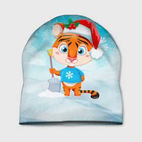Шапка 3D с принтом Год тигра 2022 Очищает снег. в Санкт-Петербурге, 100% полиэстер | универсальный размер, печать по всей поверхности изделия | 2022 | merry christmas | год тигра | зима близко | нг | новогодний | новогодний тигр | новогодняя символика | новый год | новый год 2022 | рождество | символ 2022 года | снег | снежинки | тигр