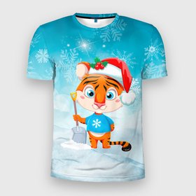 Мужская футболка 3D Slim с принтом Год тигра 2022 Очищает снег. , 100% полиэстер с улучшенными характеристиками | приталенный силуэт, круглая горловина, широкие плечи, сужается к линии бедра | 2022 | merry christmas | год тигра | зима близко | нг | новогодний | новогодний тигр | новогодняя символика | новый год | новый год 2022 | рождество | символ 2022 года | снег | снежинки | тигр