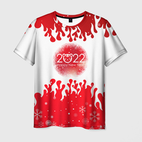 Мужская футболка 3D с принтом Happy New Year Fire. в Новосибирске, 100% полиэфир | прямой крой, круглый вырез горловины, длина до линии бедер | Тематика изображения на принте: 2022 | fire | happy new year | merry christmas | год тигра | зима близко | нг | новогодний | новогодний тигр | новогодняя символика | новый год | новый год 2022 | рождество | символ 2022 года | снег | снежинки | тигр