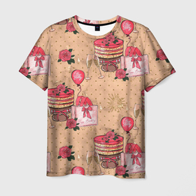 Мужская футболка 3D с принтом Праздничное настроение - сюрприз в Кировске, 100% полиэфир | прямой крой, круглый вырез горловины, длина до линии бедер | день рождения | коробки | новый год | подарки | праздник | сюрприз | шампанское