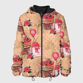 Мужская куртка 3D с принтом Праздничное настроение - сюрприз в Екатеринбурге, ткань верха — 100% полиэстер, подклад — флис | прямой крой, подол и капюшон оформлены резинкой с фиксаторами, два кармана без застежек по бокам, один большой потайной карман на груди. Карман на груди застегивается на липучку | день рождения | коробки | новый год | подарки | праздник | сюрприз | шампанское