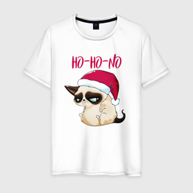 Мужская футболка хлопок с принтом Ugly cat Ho Ho No в Санкт-Петербурге, 100% хлопок | прямой крой, круглый вырез горловины, длина до линии бедер, слегка спущенное плечо. | 2022 | 2022 год | grumpy cat | happy new year | santa | год тигра | дед мороз | каникулы | мороз | новогодний свитер | новый год | новый год 2022 | новый год тигра | оливье | праздник | рождество | санта клаус