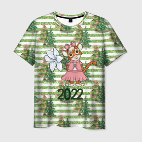 Мужская футболка 3D с принтом Милая тигрица с цветком , 100% полиэфир | прямой крой, круглый вырез горловины, длина до линии бедер | 2022 | год тигра | новый год | новый год 2022 | символ года | тигр | тигренок | тигрица | тигры