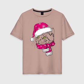 Женская футболка хлопок Oversize с принтом Christmas family Kitty в Новосибирске, 100% хлопок | свободный крой, круглый ворот, спущенный рукав, длина до линии бедер
 | 2022 | 2022 год | family look | happy new year | santa | год тигра | дед мороз | каникулы | мороз | новогодний свитер | новый год | новый год 2022 | новый год тигра | оливье | праздник | рождество | санта клаус