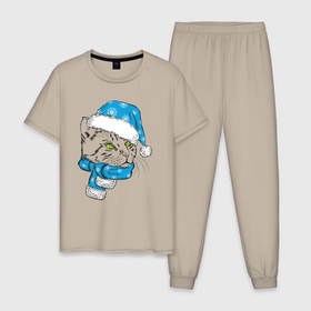 Мужская пижама хлопок с принтом Christmas family Cat в Тюмени, 100% хлопок | брюки и футболка прямого кроя, без карманов, на брюках мягкая резинка на поясе и по низу штанин
 | 2022 | 2022 год | family look | happy new year | santa | год тигра | дед мороз | каникулы | мороз | новогодний свитер | новый год | новый год 2022 | новый год тигра | оливье | праздник | рождество | санта клаус