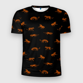 Мужская футболка 3D Slim с принтом Тигры паттерн | Tigers pattern в Кировске, 100% полиэстер с улучшенными характеристиками | приталенный силуэт, круглая горловина, широкие плечи, сужается к линии бедра | pattern | tiger | восточный тигр | кошка | паттерн | тигр | тигренок