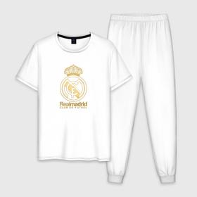 Мужская пижама хлопок с принтом Real Madrid gold logo в Белгороде, 100% хлопок | брюки и футболка прямого кроя, без карманов, на брюках мягкая резинка на поясе и по низу штанин
 | Тематика изображения на принте: gold logo | madrid | rael madrid | real | spain | золотая эмблема | золотой логотип | испания | королевский клуб | ла лига | лига чемпионов | мадрид | реал | реал мадрид | сливочные | футбол | чемпионат испании