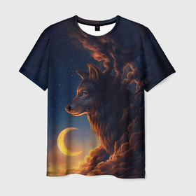Мужская футболка 3D с принтом Ночной Волк | Night Wolf. , 100% полиэфир | прямой крой, круглый вырез горловины, длина до линии бедер | Тематика изображения на принте: animal | moon | night | sky | stars | wolf | благородный | волк | животные | звезды | зверь | луна | небо | ночной | ночь | облака | тьма | хищник