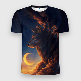 Мужская футболка 3D Slim с принтом Ночной Волк | Night Wolf. в Белгороде, 100% полиэстер с улучшенными характеристиками | приталенный силуэт, круглая горловина, широкие плечи, сужается к линии бедра | animal | moon | night | sky | stars | wolf | благородный | волк | животные | звезды | зверь | луна | небо | ночной | ночь | облака | тьма | хищник