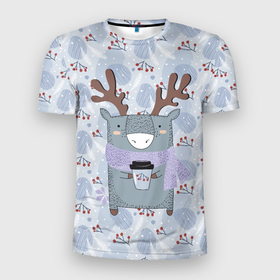 Мужская футболка 3D Slim с принтом Новогодний олень в шарфе , 100% полиэстер с улучшенными характеристиками | приталенный силуэт, круглая горловина, широкие плечи, сужается к линии бедра | животное | новый год | олень | раттерн | ягоды