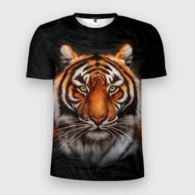 Мужская футболка 3D Slim с принтом Реалистичный тигр | Realistic Tiger в Санкт-Петербурге, 100% полиэстер с улучшенными характеристиками | приталенный силуэт, круглая горловина, широкие плечи, сужается к линии бедра | tiger | восточный тигр | год тигра | голова | кошка | тигр | тигренок | хищник