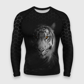 Мужской рашгард 3D с принтом Тигр черно белый соты в Санкт-Петербурге,  |  | tiger | восточный тигр | год тигра | кошка | тигр | тигренок | хищник