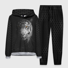 Мужской костюм 3D (с толстовкой) с принтом Тигр черно белый соты ,  |  | tiger | восточный тигр | год тигра | кошка | тигр | тигренок | хищник