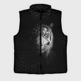 Мужской жилет утепленный 3D с принтом Тигр черно белый соты ,  |  | tiger | восточный тигр | год тигра | кошка | тигр | тигренок | хищник