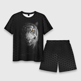 Мужской костюм с шортами 3D с принтом Тигр черно белый соты ,  |  | tiger | восточный тигр | год тигра | кошка | тигр | тигренок | хищник