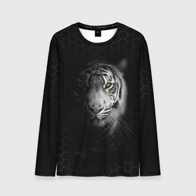 Мужской лонгслив 3D с принтом Тигр черно белый соты , 100% полиэстер | длинные рукава, круглый вырез горловины, полуприлегающий силуэт | tiger | восточный тигр | год тигра | кошка | тигр | тигренок | хищник